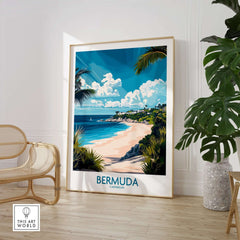 Bermuda Wall Art Print featuring a vibrant landscape of Bermuda's beach and blue skies in a modern interior setting.
