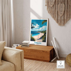 Bermuda Wall Art Print displayed in a cozy living room, showcasing vibrant beach and tropical landscape.