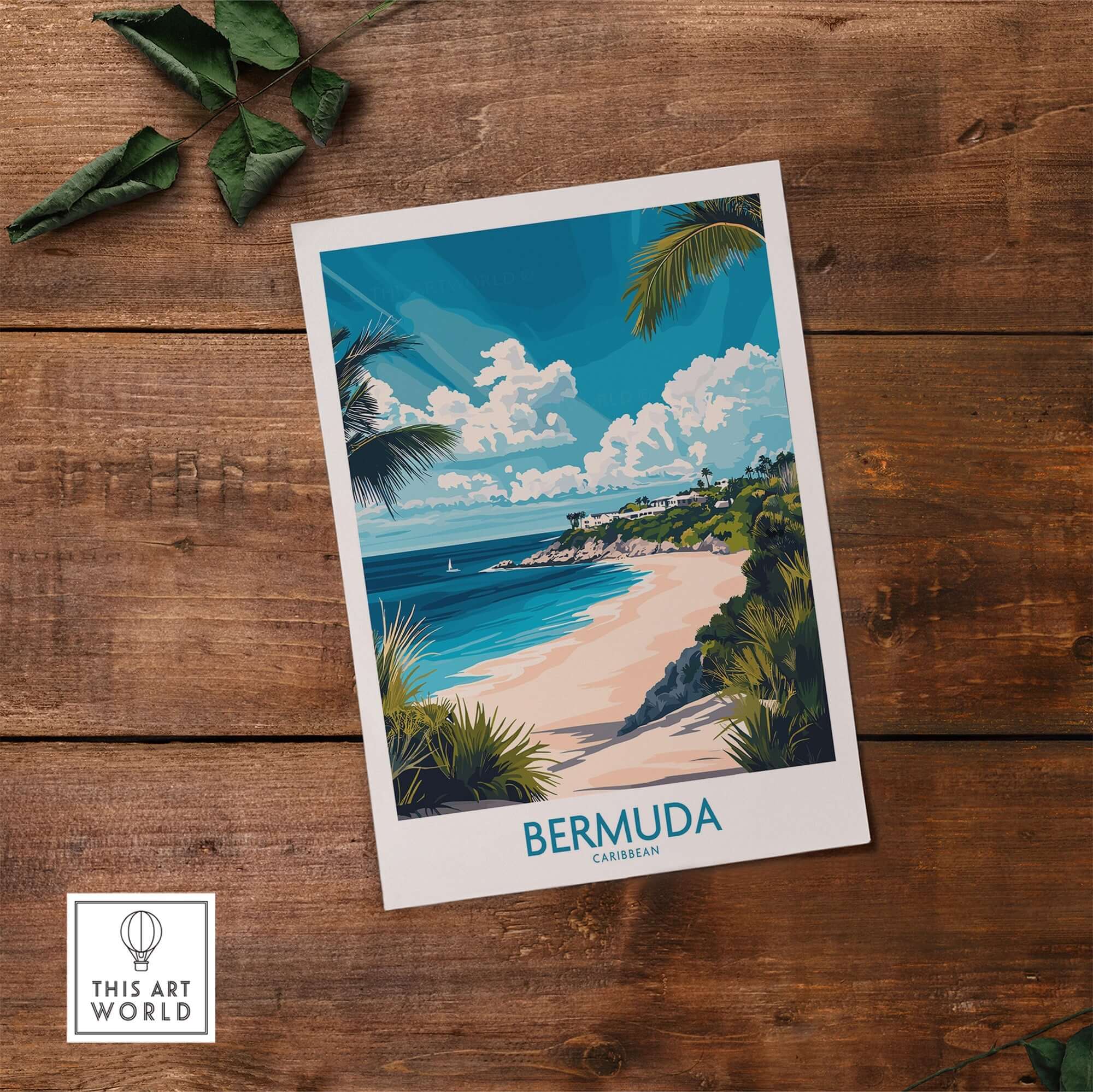 Bermuda Wall Art Print featuring vibrant beach scenery and tropical palm trees on a wooden surface.