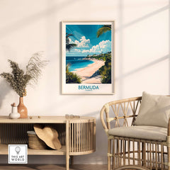 Bermuda Wall Art Print displayed in a cozy living space with tropical landscape and vibrant colors.
