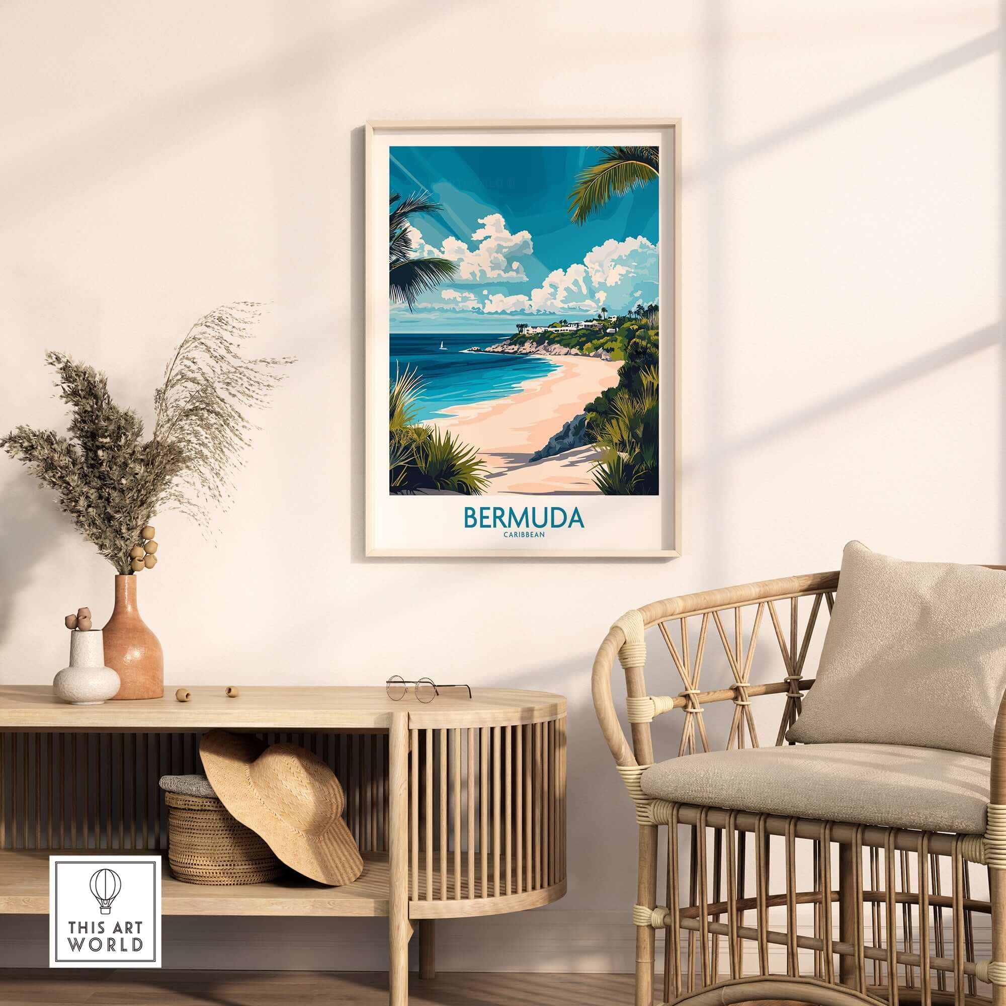 Bermuda Wall Art Print displayed in a cozy living space with tropical landscape and vibrant colors.