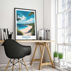 Bermuda Wall Art Print featuring a vibrant beach scene in a stylish home office decor.