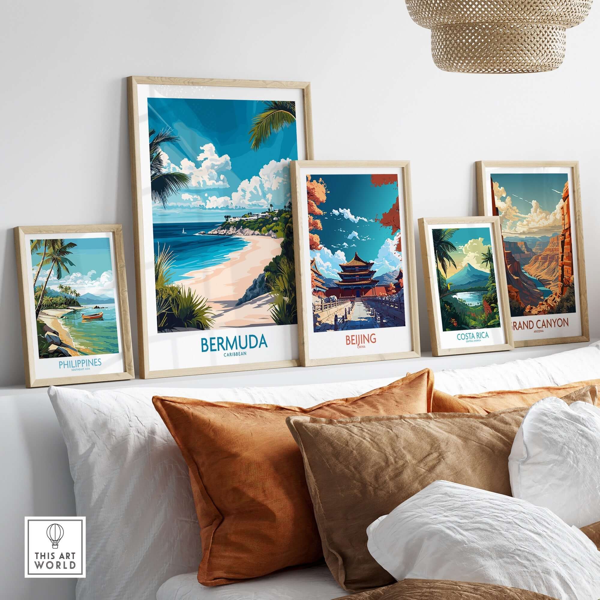 Bermuda Wall Art Print displayed among various travel art prints on a stylish interior setting.