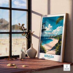 Bermuda Wall Art Print displayed on a wooden table by a window, showcasing a tropical beach view.