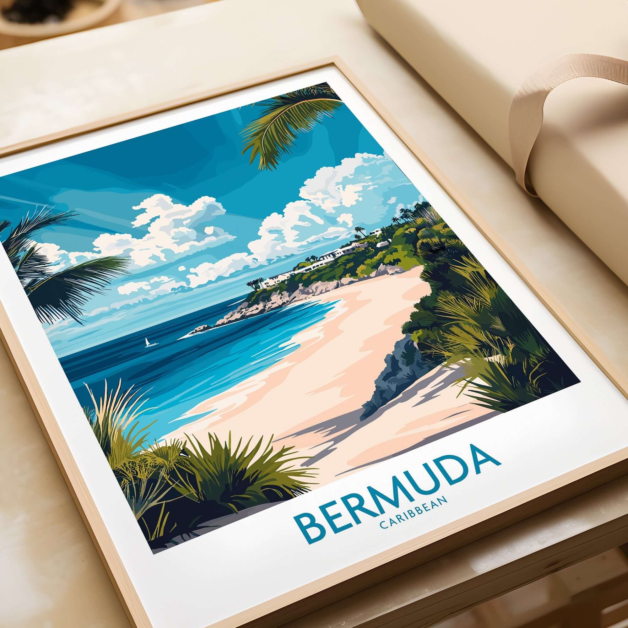 Bermuda Wall Art Print showcasing a vibrant beach landscape with tropical elements and a bright blue sky.