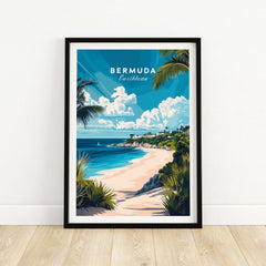 Bermuda Wall Art featuring a stunning beach view with vibrant colors and tropical foliage.