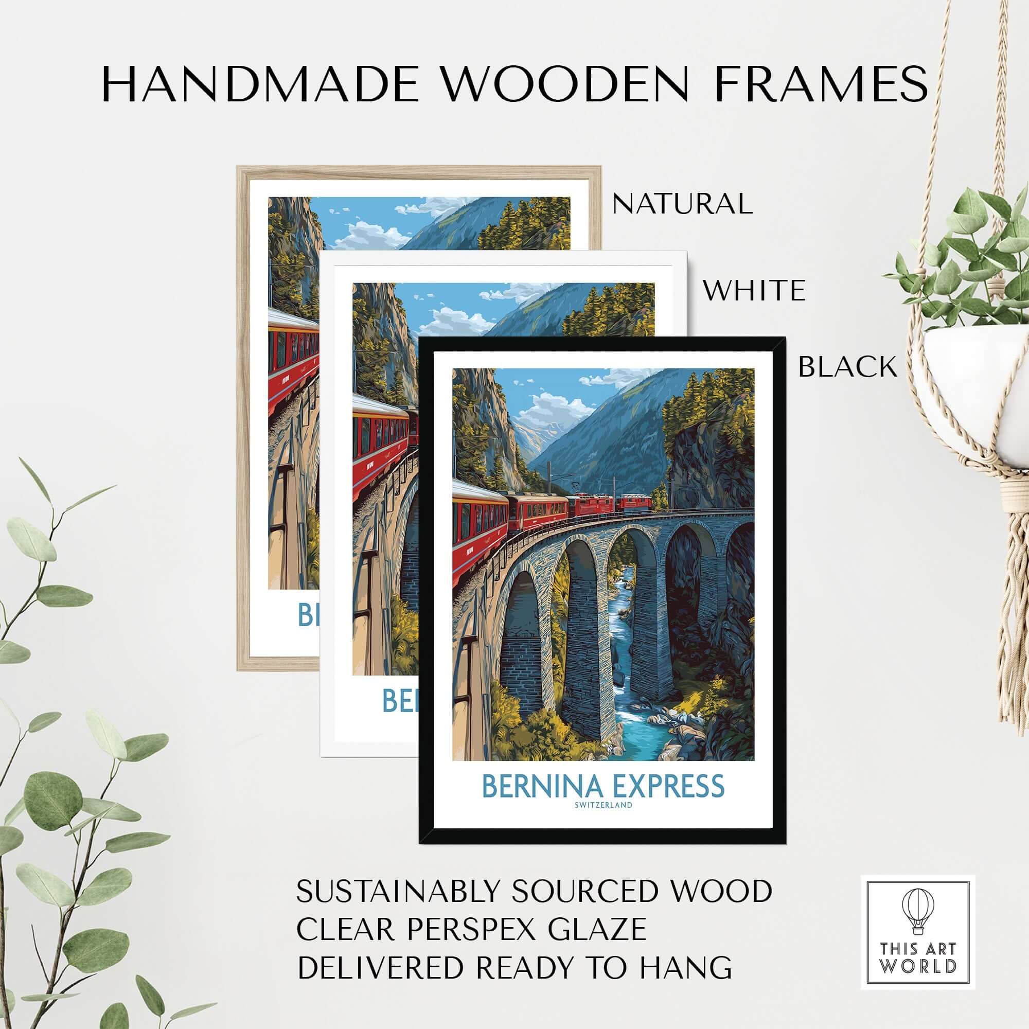 Bernina Express Switzerland Art Print | Alpine Train Poster displayed in handmade wooden frames in natural, white, and black.