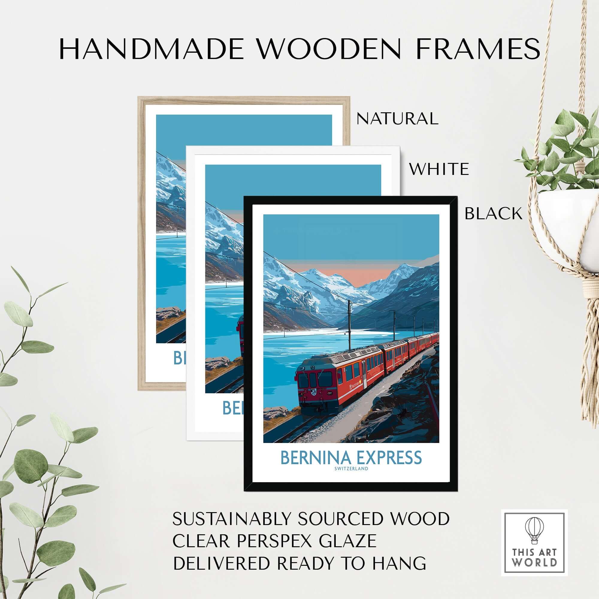Handmade wooden frames for Bernina Express Poster Switzerland Train Art Print with natural, white, and black options.