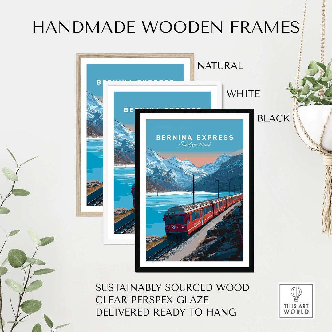 Bernina Express Print | Scenic Swiss Alps Decor displayed in handmade wooden frames in natural, white, and black colors.