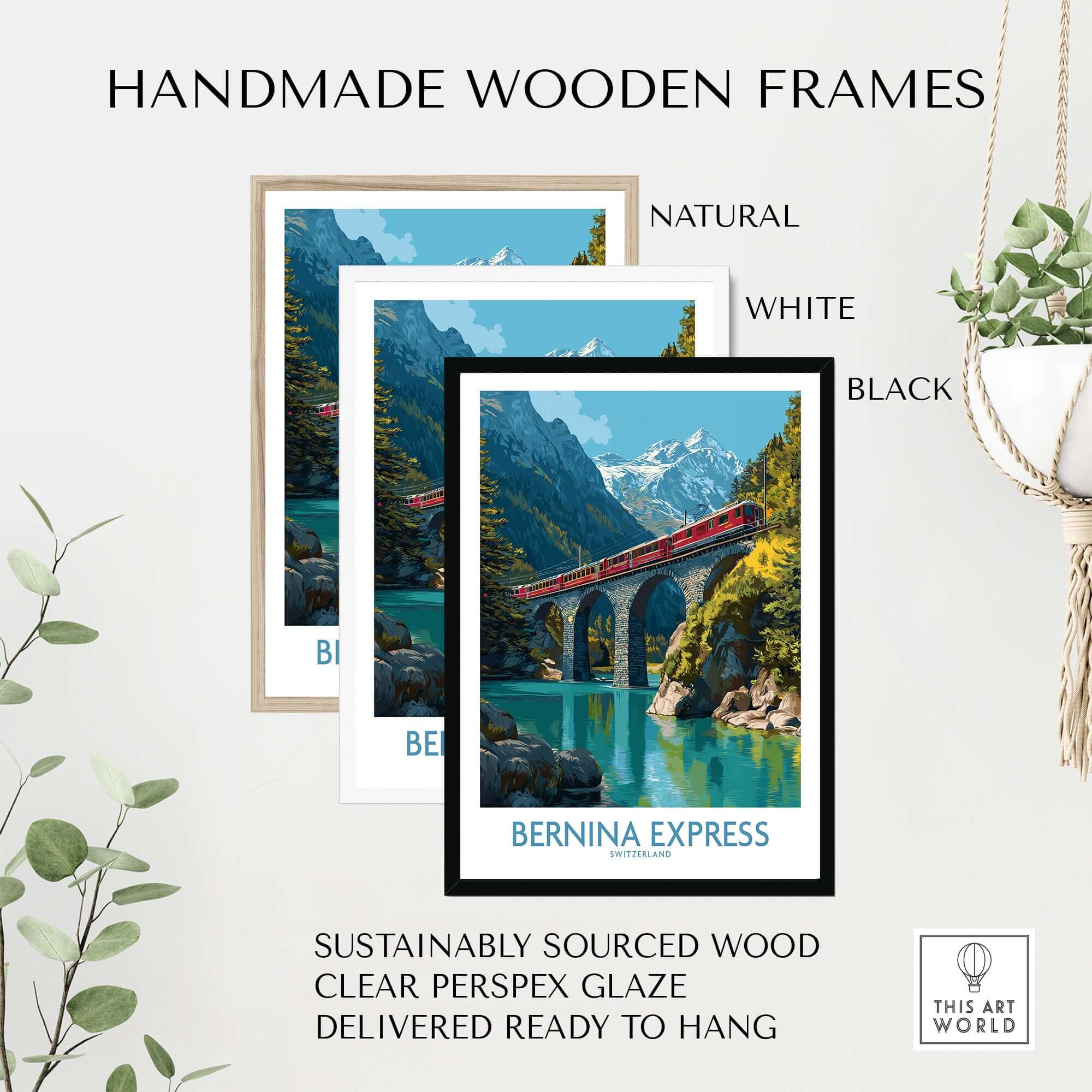 Bernina Express Switzerland Glacier Train Art Print | Brusio Viaduct Poster displayed in natural, white, and black handmade frames.