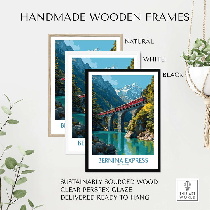 Bernina Express Switzerland Glacier Train Art Print | Brusio Viaduct Poster showcased in handmade wooden frames.