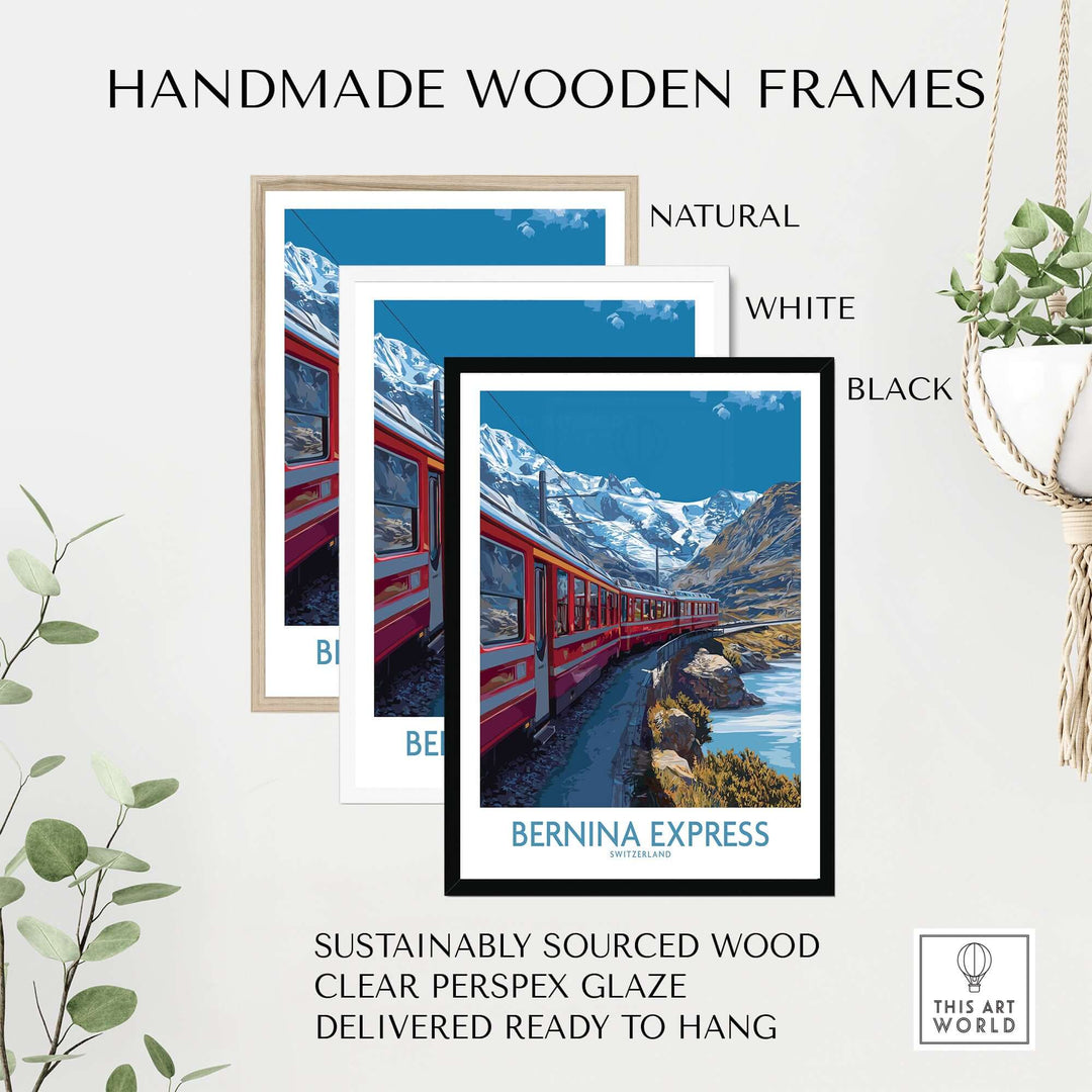 Bernina Express Print Switzerland Glacier Train Art | Scenic Mountain Railway Poster framed in handmade wooden frames.