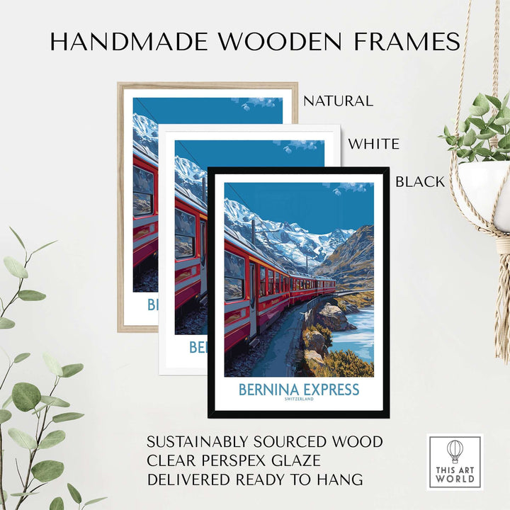 Bernina Express Print Switzerland Glacier Train Art | Scenic Mountain Railway Poster framed in handmade wooden frames.