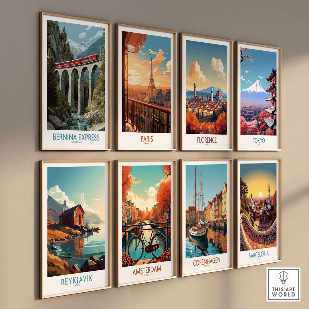 Bernina Express Switzerland Art Print | Landwasser Bridge Poster displayed with other city art prints.
