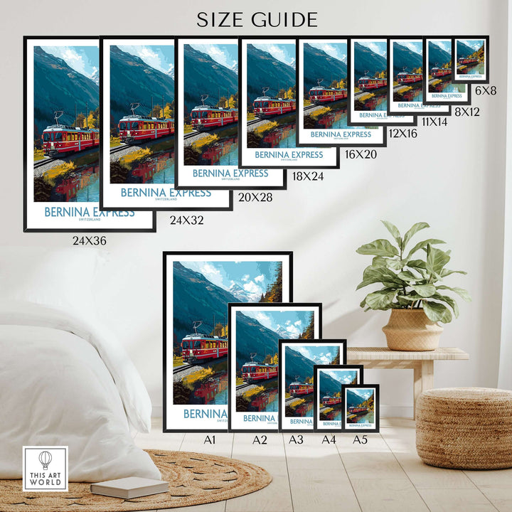 Bernina Express Train Art Print | Autumn Alps Journey Poster size guide featuring various print dimensions