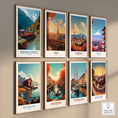 Bernina Express Train Art Print | Autumn Alps Journey Poster displayed alongside travel posters from various cities.