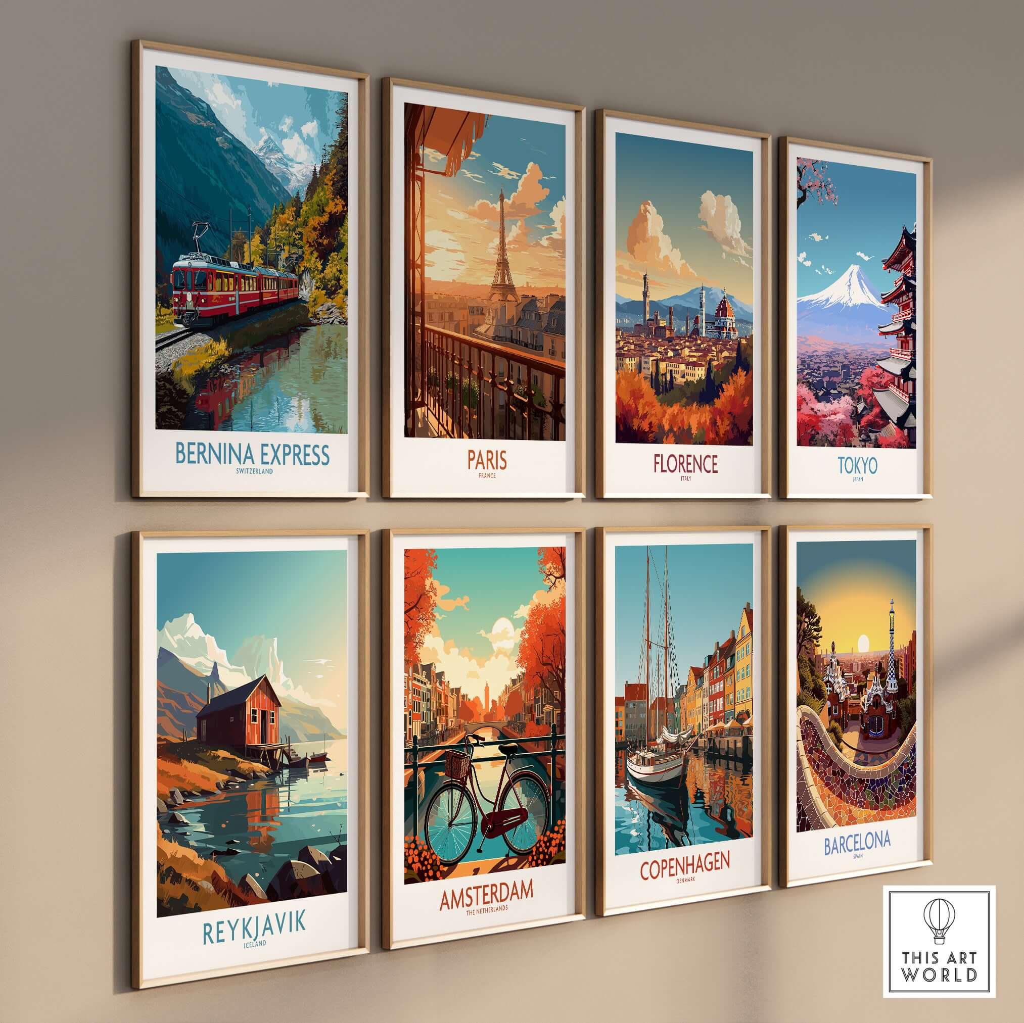 Bernina Express Train Art Print | Autumn Alps Journey Poster displayed alongside travel posters from various cities.