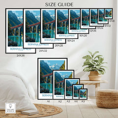 Bernina Express Switzerland Glacier Train Art Print | Brusio Viaduct Poster size guide showing various print dimensions.