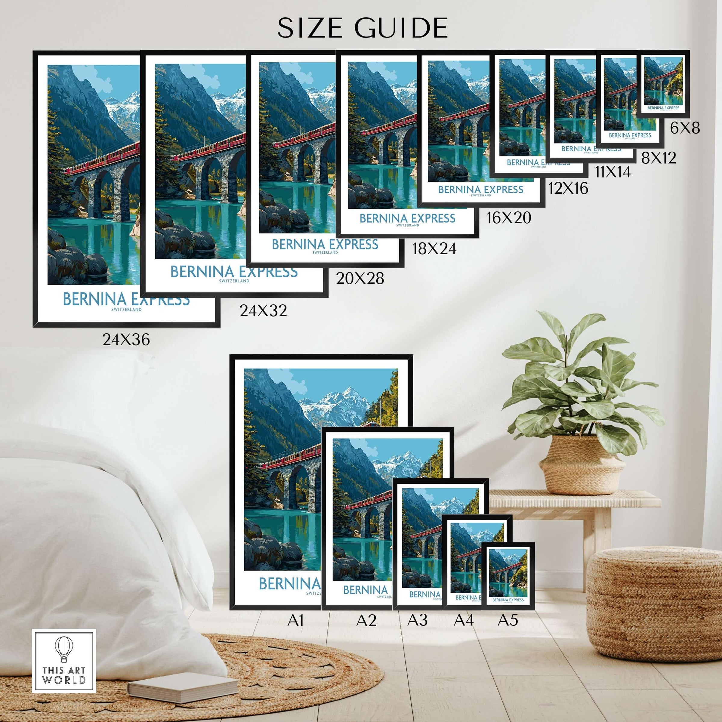Bernina Express Switzerland Glacier Train Art Print | Brusio Viaduct Poster size guide showing various print dimensions.