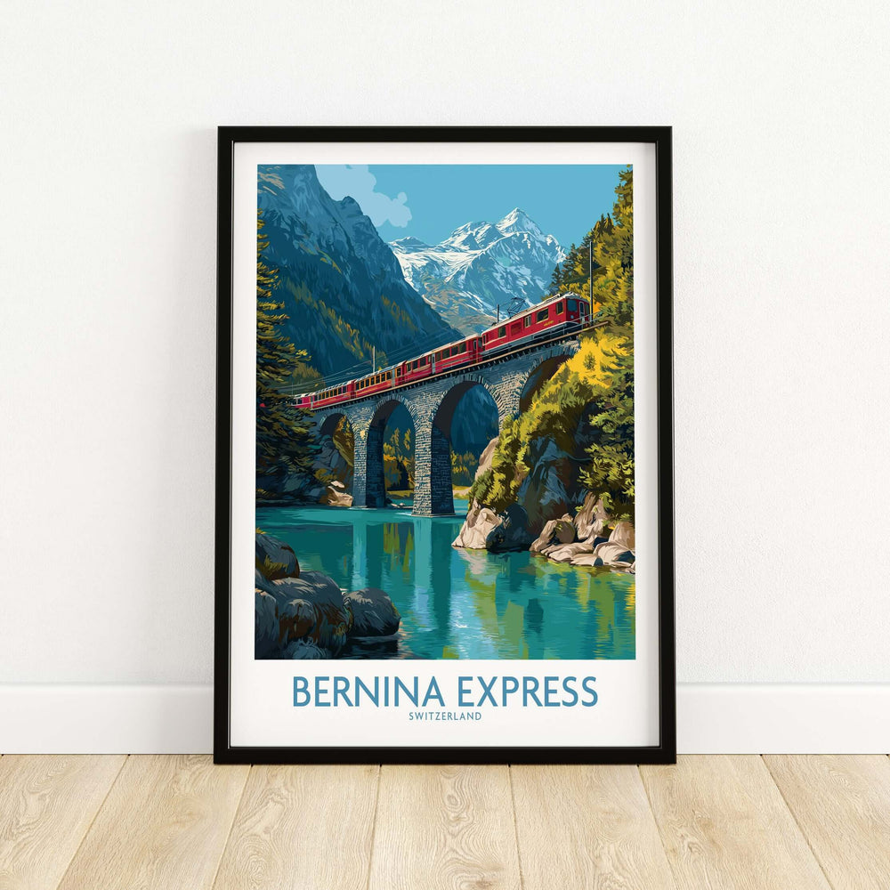 Bernina Express Switzerland Glacier Train Art Print | Brusio Viaduct Poster featuring the scenic train and mountains in Switzerland.