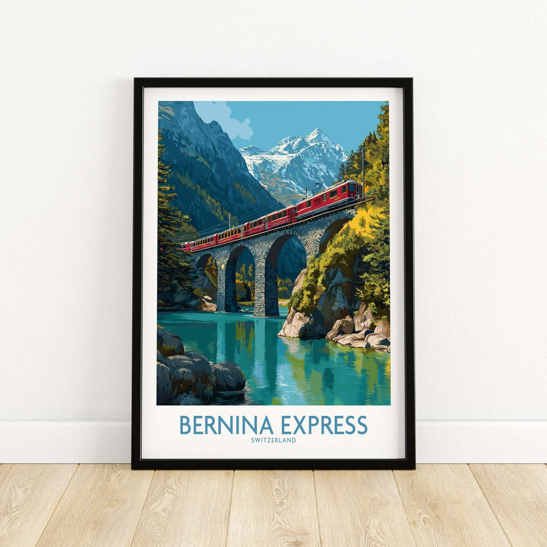 Bernina Express Switzerland Glacier Train Art Print | Brusio Viaduct Poster featuring the scenic train and mountains in Switzerland.