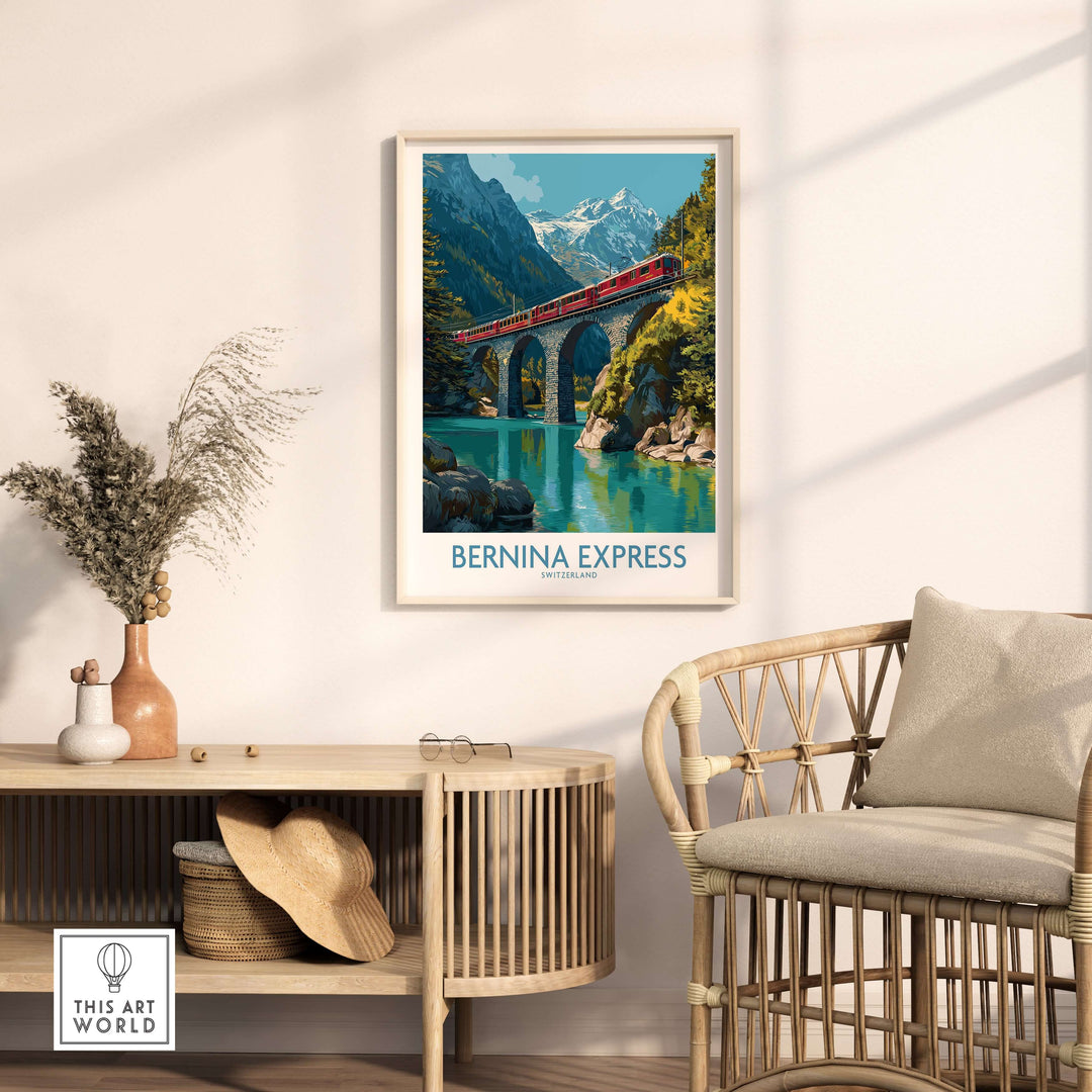 Bernina Express Switzerland Glacier Train Art Print | Brusio Viaduct Poster featuring the train on a scenic bridge in the Alps.