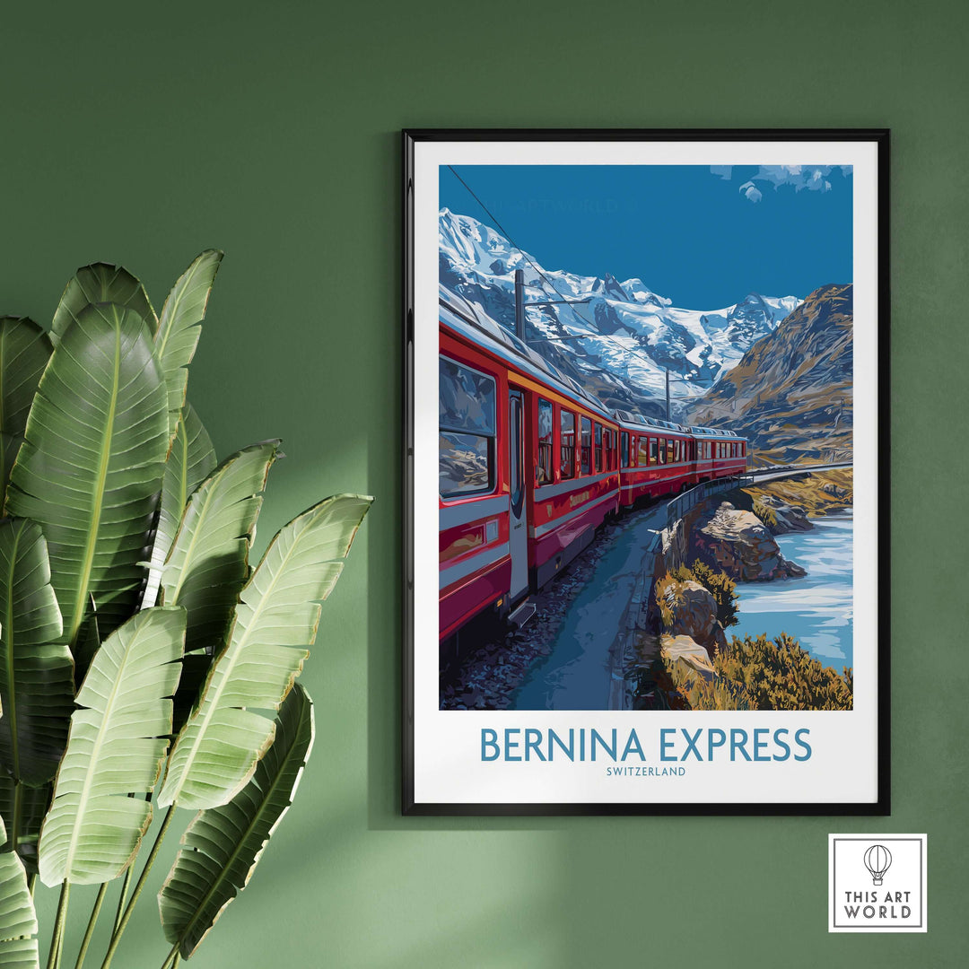 Bernina Express Print Switzerland Glacier Train Art | Scenic Mountain Railway Poster displaying a red train in Swiss landscape.
