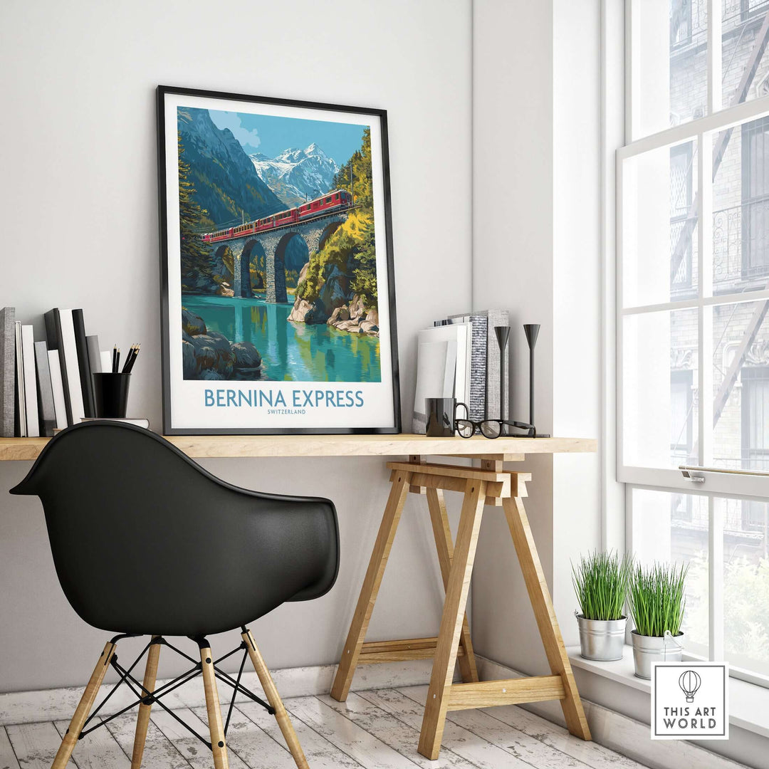 Bernina Express Switzerland Glacier Train Art Print | Brusio Viaduct Poster showcased in a modern interior setting.