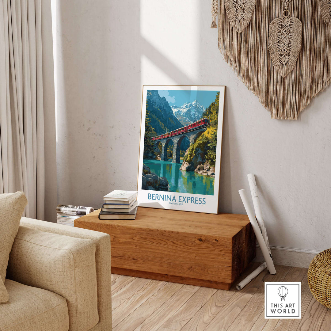 Bernina Express Switzerland Glacier Train Art Print | Brusio Viaduct Poster displayed in a cozy living room setting.