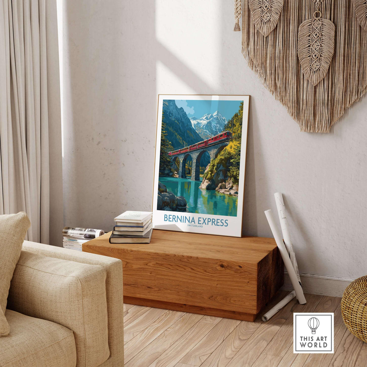 Bernina Express Switzerland Glacier Train Art Print | Brusio Viaduct Poster displayed in cozy interior setting.