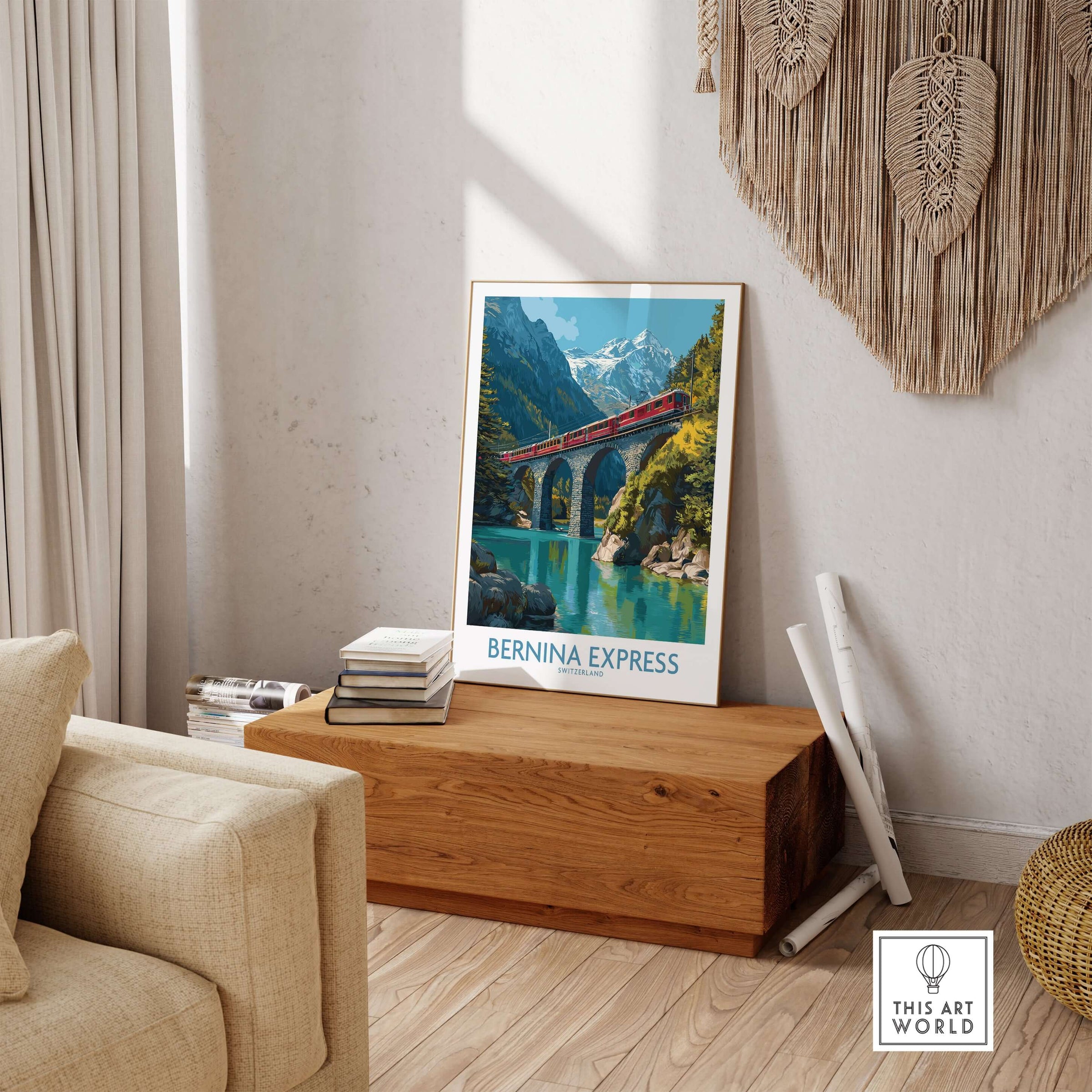 Bernina Express Switzerland Glacier Train Art Print | Brusio Viaduct Poster displayed in cozy interior setting.
