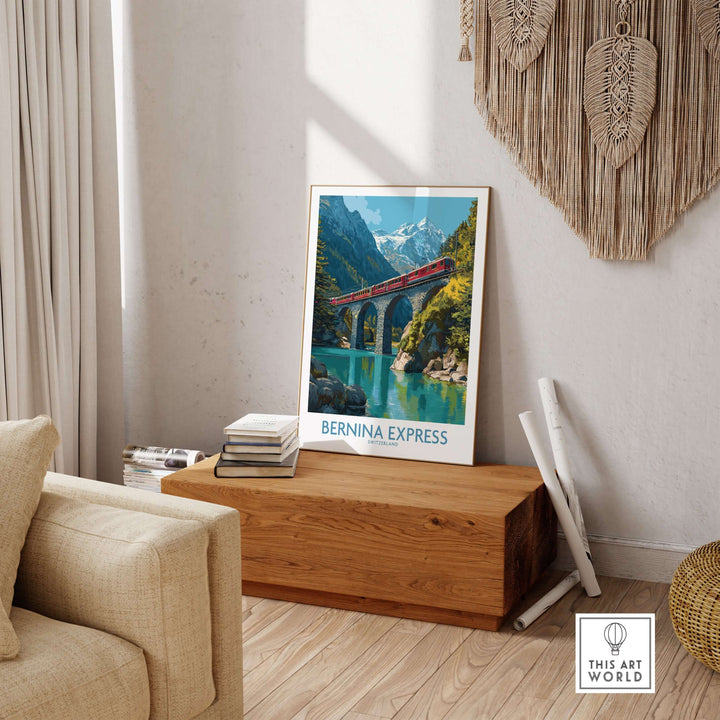 Bernina Express Switzerland Glacier Train Art Print | Brusio Viaduct Poster displayed in a cozy living room setting.