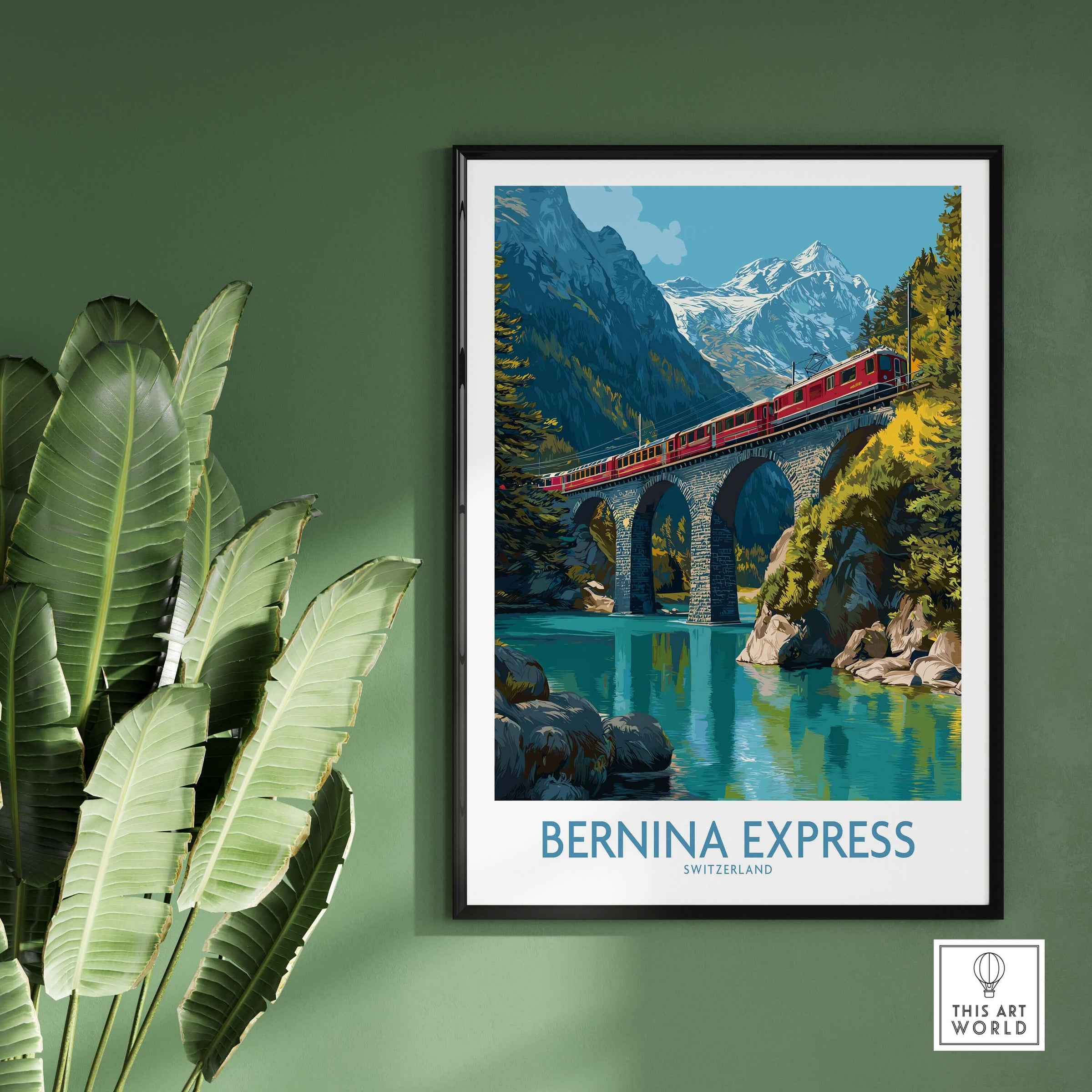 Bernina Express Switzerland Glacier Train Art Print | Brusio Viaduct Poster showcasing the iconic train over a scenic bridge.
