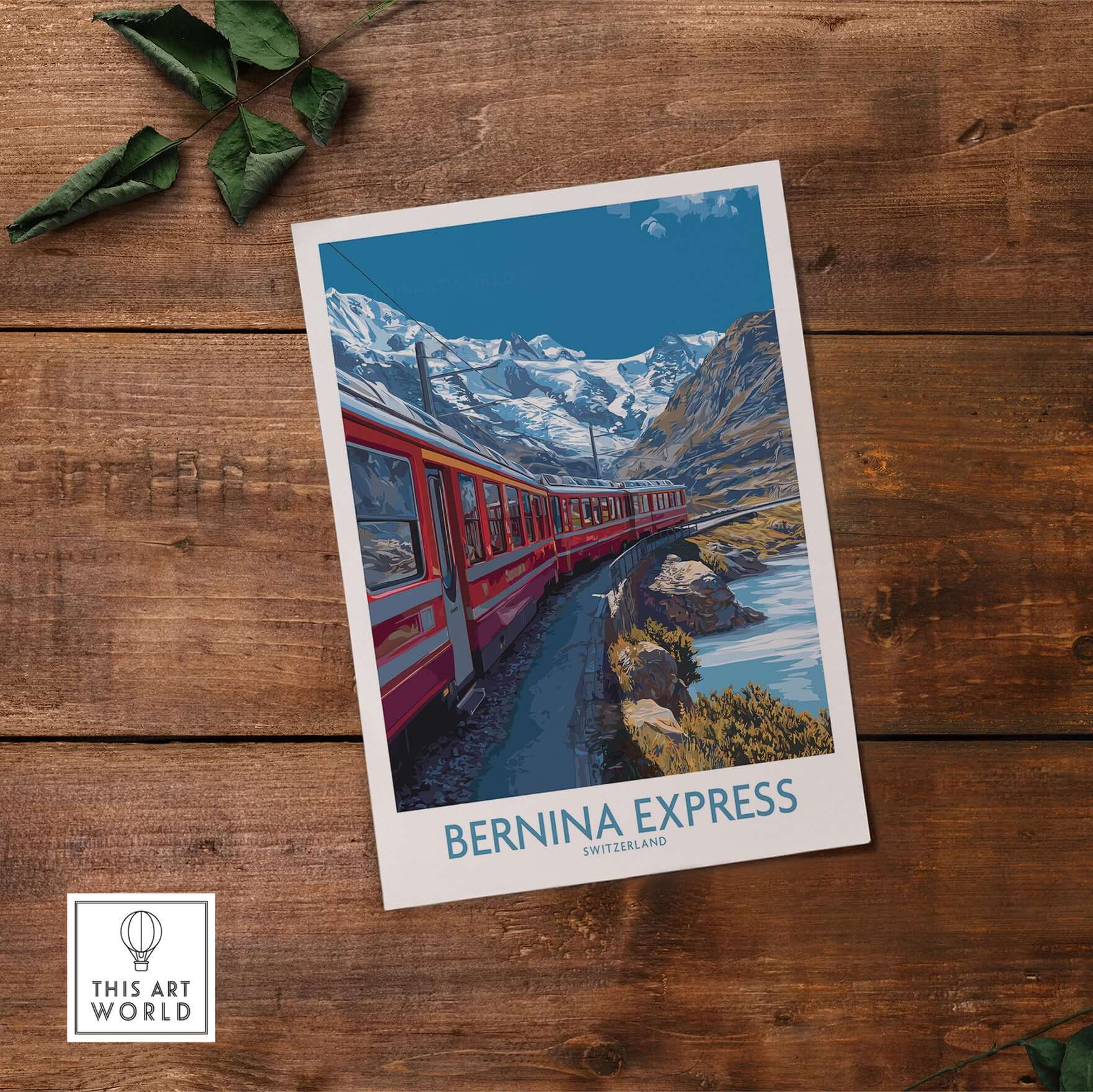 Bernina Express Print Switzerland Glacier Train Art | Scenic Mountain Railway Poster on wooden surface