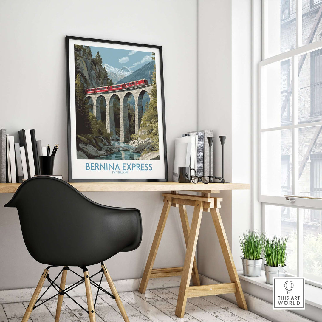 Bernina Express Switzerland Art Print | Landwasser Bridge Poster in a stylish office setting, showcasing Swiss nature and architecture.