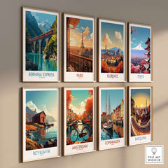 Bernina Express Switzerland Glacier Train Art Print | Brusio Viaduct Poster displayed among various city art prints.