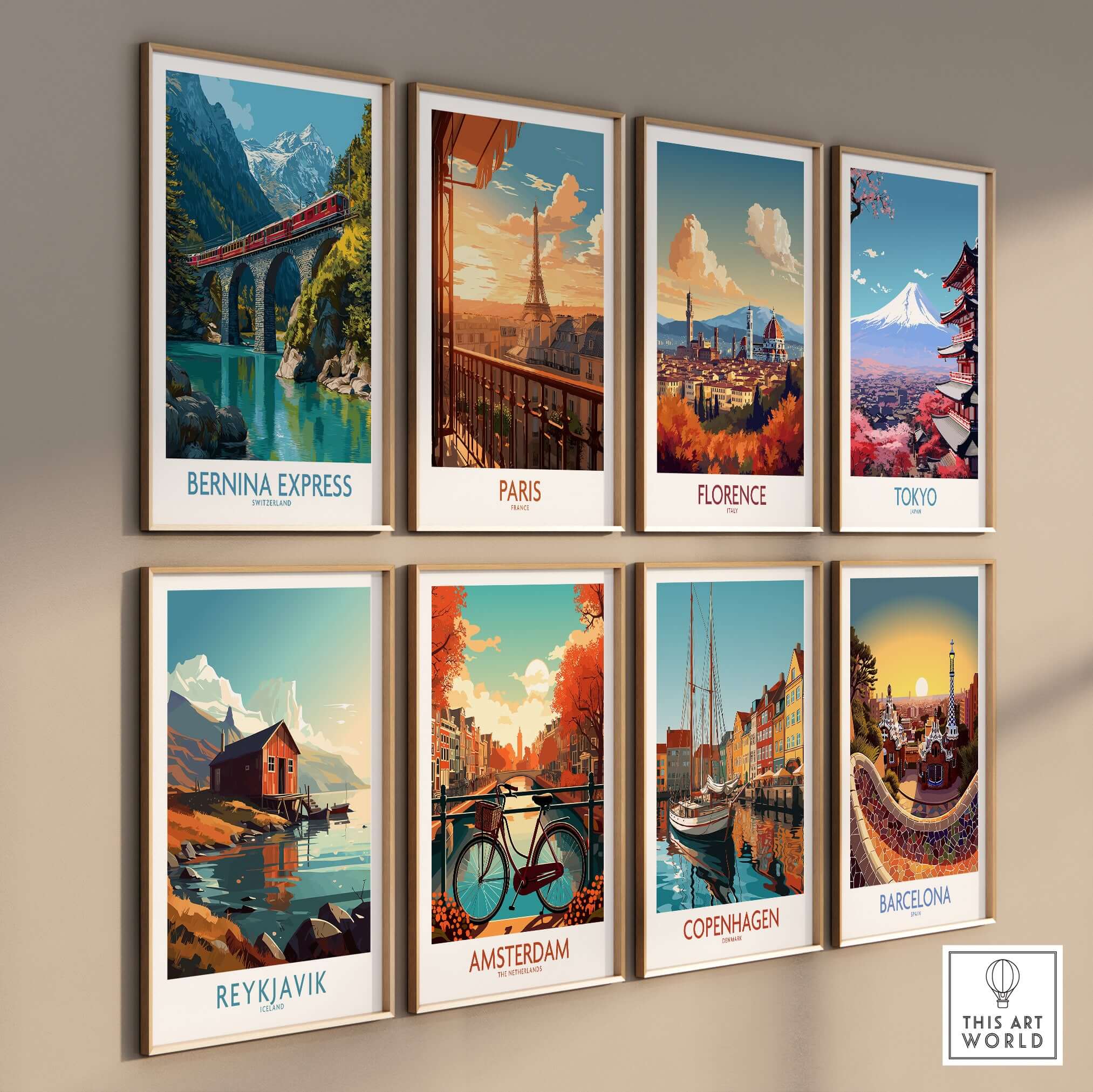 Bernina Express Switzerland Glacier Train Art Print | Brusio Viaduct Poster displayed among various city art prints.