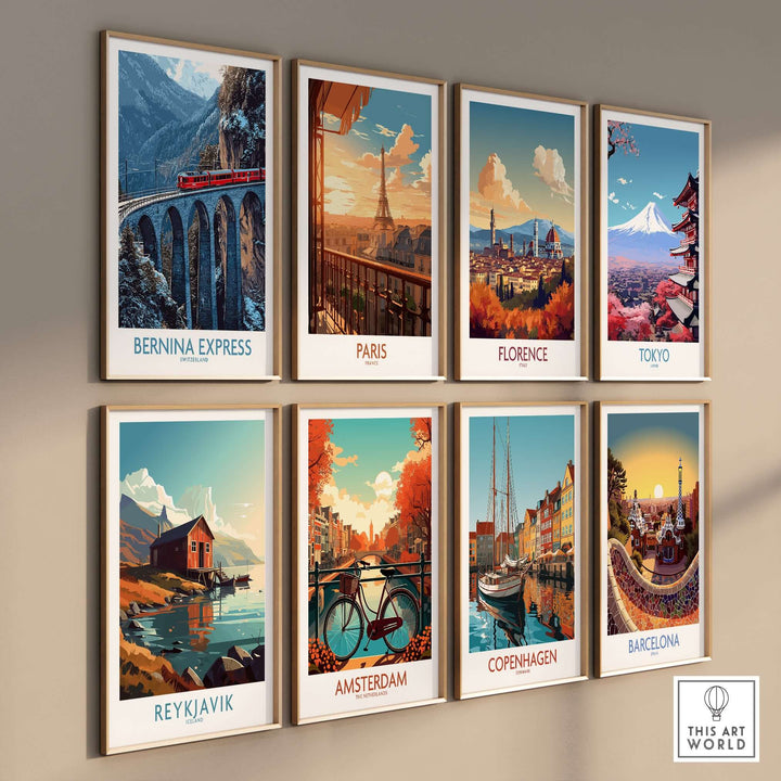 Bernina Express Poster | Snowy Mountain Train Poster displayed among other iconic city posters on a gallery wall.