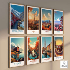 Bernina Express Print Switzerland Glacier Train Art | Scenic Mountain Railway Poster wall art collection featuring famous cities.