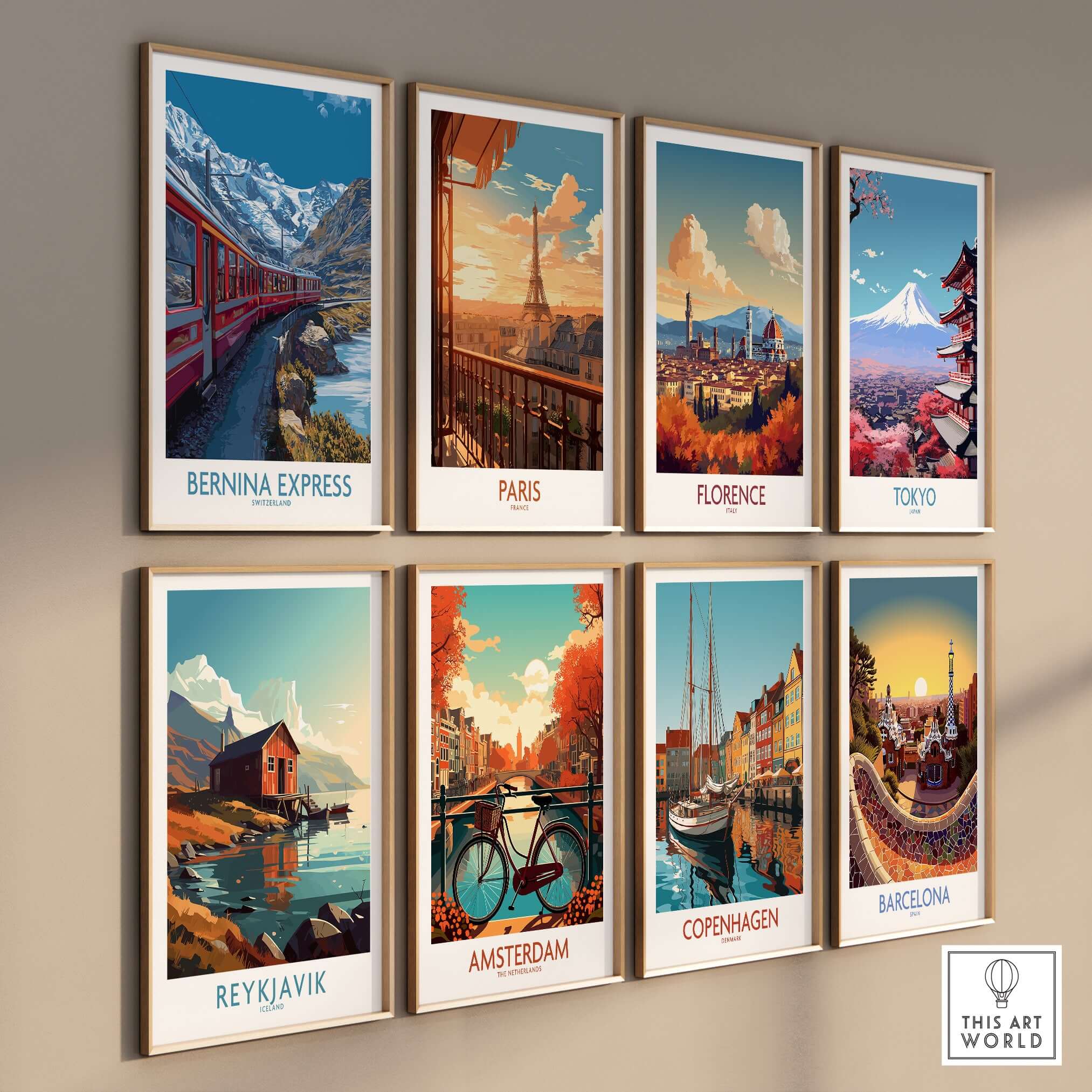 Bernina Express Print Switzerland Glacier Train Art | Scenic Mountain Railway Poster wall art collection featuring famous cities.