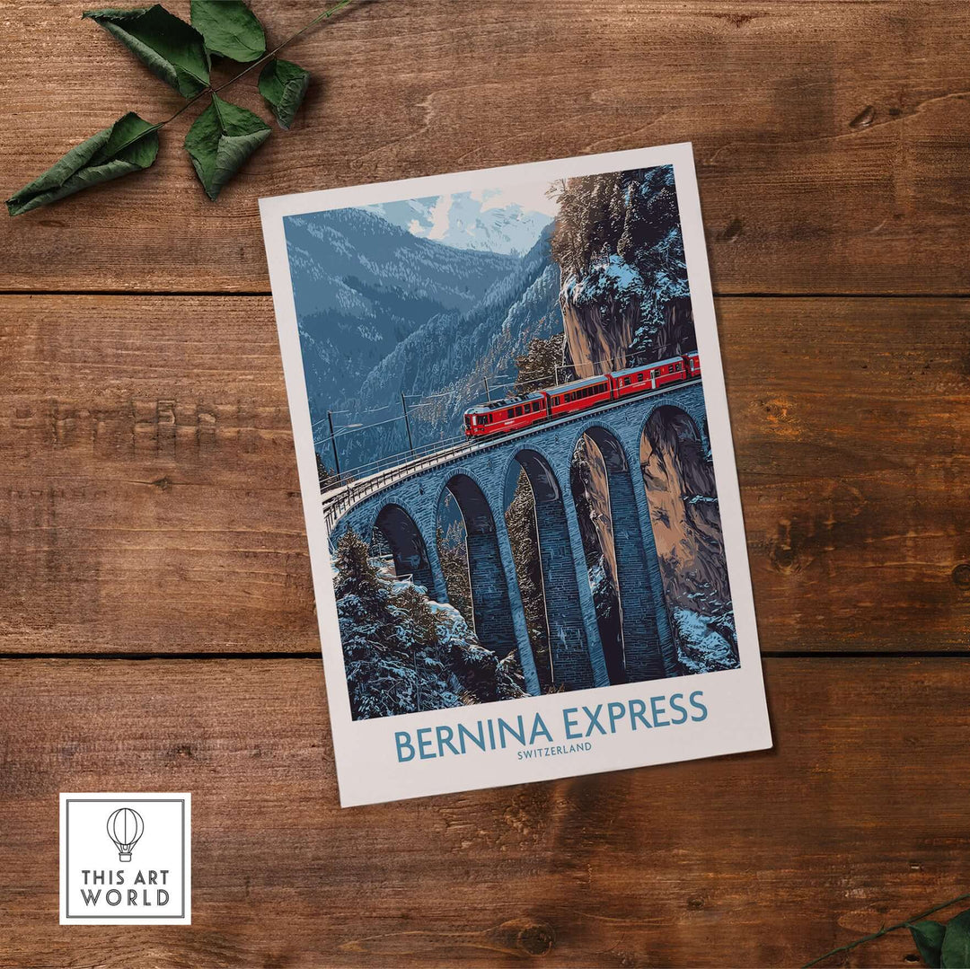 Bernina Express Poster | Snowy Mountain Train Poster featuring train crossing a snowy mountain landscape.