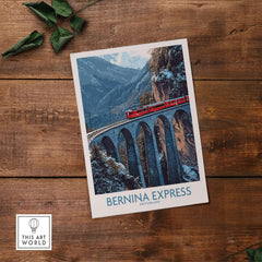 Bernina Express Poster | Snowy Mountain Train Poster showcasing the train in snowy landscapes.