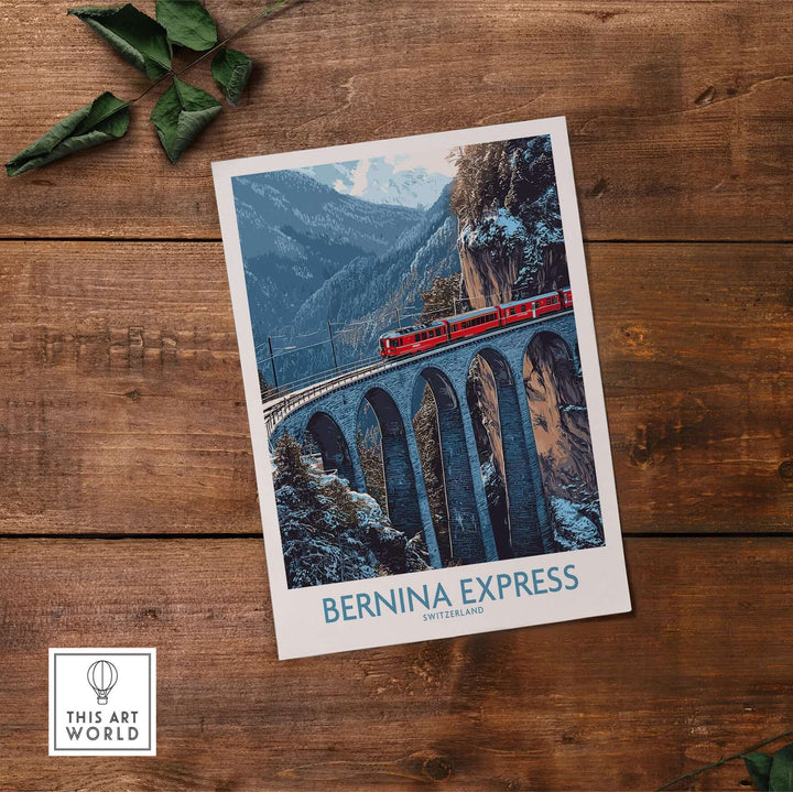 Bernina Express Poster | Snowy Mountain Train Poster featuring train crossing a snowy mountain landscape.