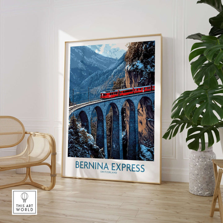 Bernina Express Poster | Snowy Mountain Train Poster featuring a train on a bridge in the Swiss Alps.