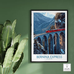 Bernina Express Poster | Snowy Mountain Train Poster featuring a train on a bridge in wintery landscapes.