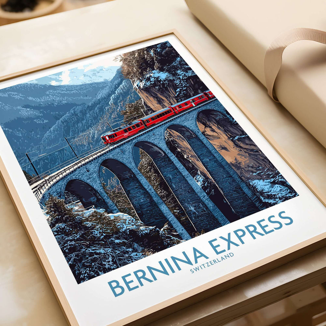 Bernina Express Poster | Snowy Mountain Train Poster featuring the iconic train crossing a scenic bridge in Switzerland.
