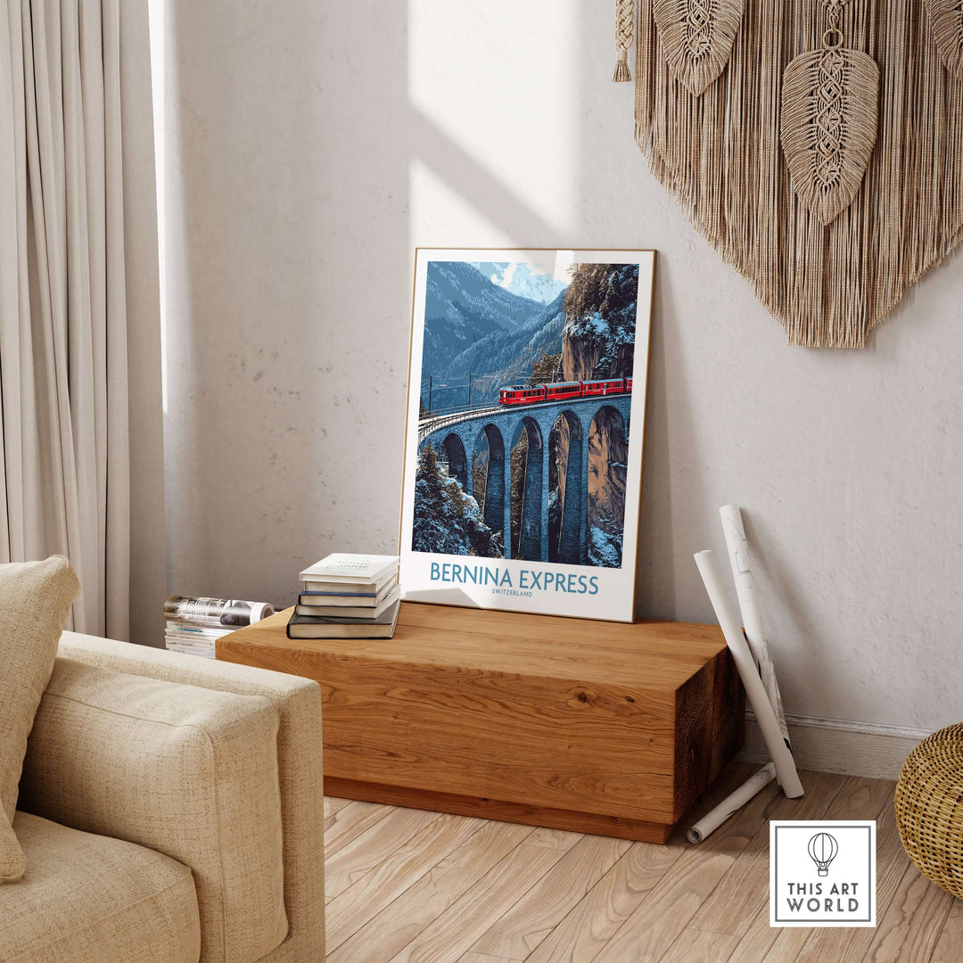 Bernina Express Poster | Snowy Mountain Train Poster displayed in a cozy room, showcasing a train in a stunning alpine landscape.