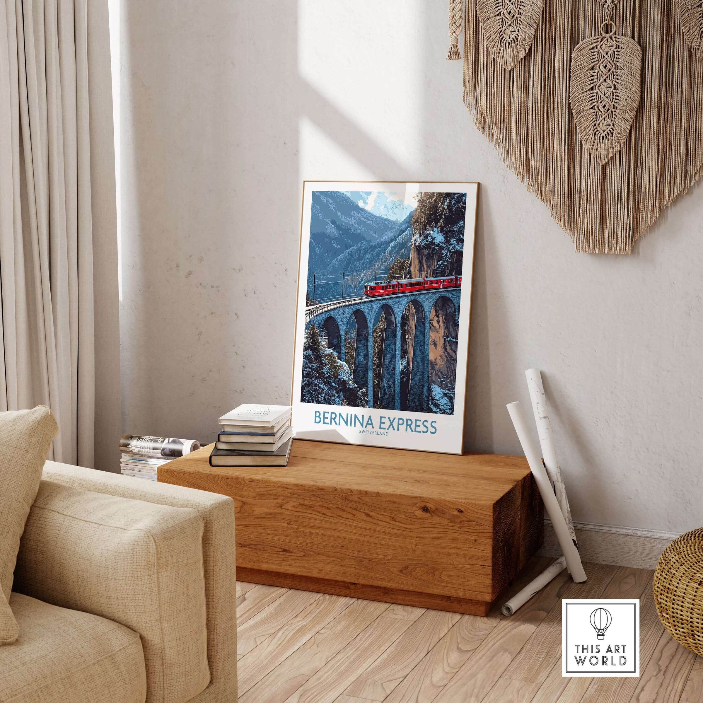 Bernina Express Poster | Snowy Mountain Train Poster featuring a train on a scenic bridge in a cozy living room setting.