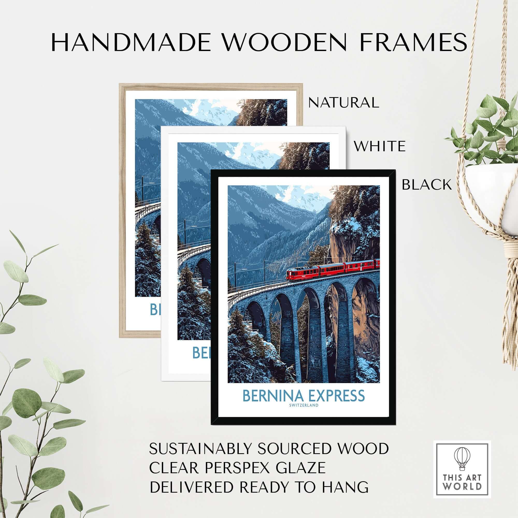Bernina Express Poster | Snowy Mountain Train Poster displayed in handmade wooden frames in natural, white, and black colors.