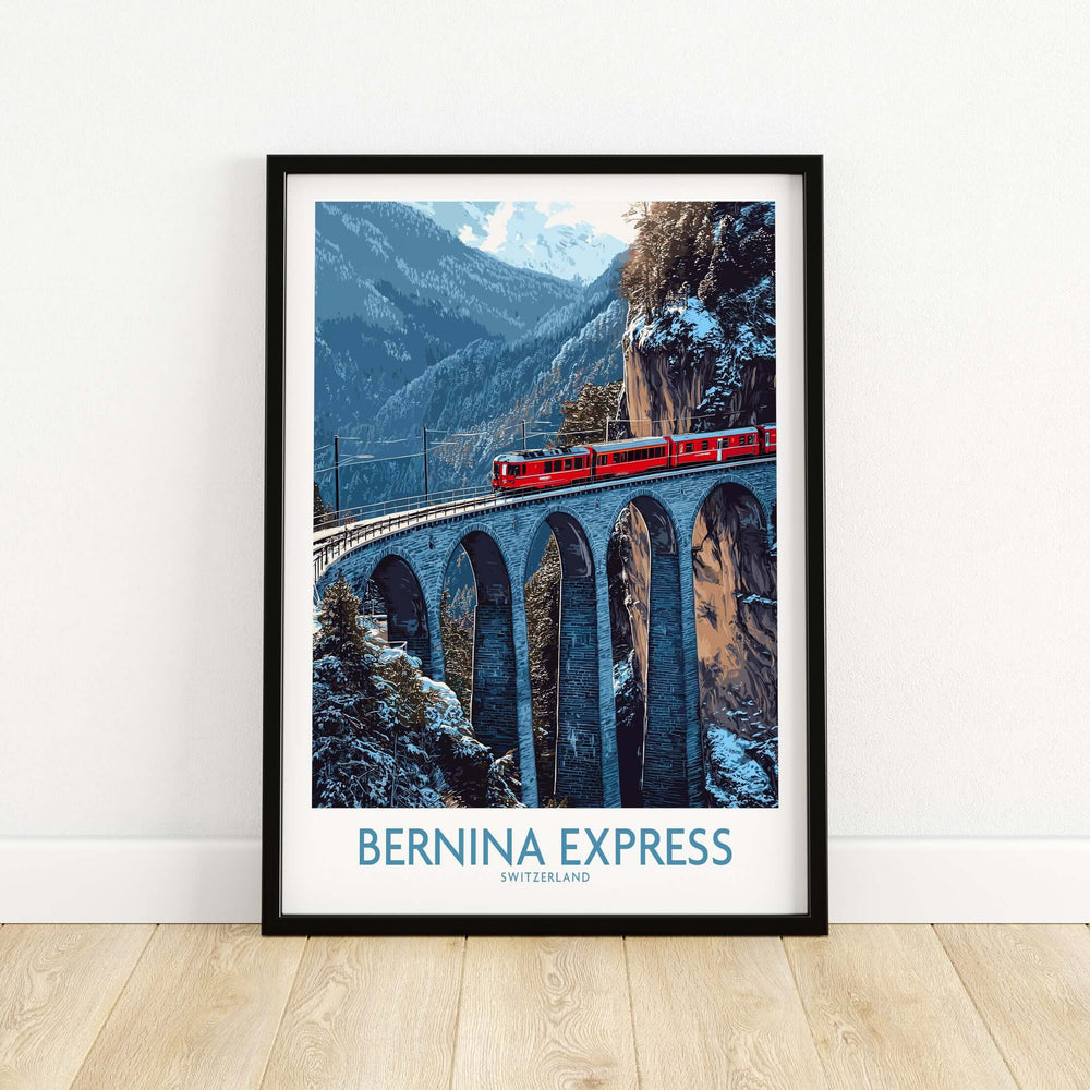 Bernina Express Poster | Snowy Mountain Train Poster featuring the iconic train on a picturesque bridge.